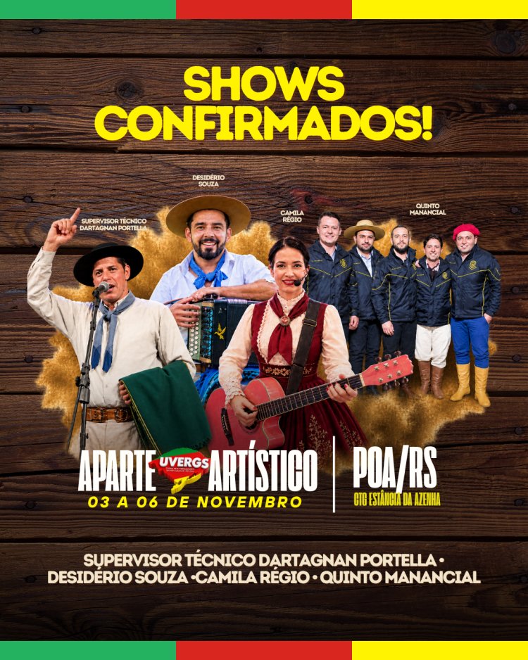 Cartaz Shows confirmados do Aparte Artístico UVERGS, de 3 a 6 de novembro, no CTG Estância da Azenha